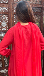 Load image into Gallery viewer, Women's Lakhnavi Handcrafted Modal Cotton Chikankari Kurta Dupatta And Palazzo Set - HONC0233481