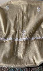 Load image into Gallery viewer, Women's Lakhnavi Handcrafted Tissue Chanderi Unstitched Chikankari Kurta And Dupatta Set - HONC0339373