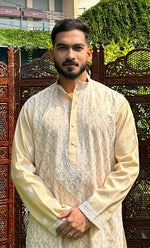 Load image into Gallery viewer, Men's Lucknowi Handcrafted Tissue Chanderi Chikankari Kurta - HONC0321236
