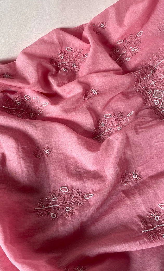 Women's Lakhnavi Handcrafted Mul Chanderi Unstitched Chikankari Full Suit Material - HONC0314657