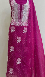 将图像加载到图库查看器中, Rose Women's Lakhnavi Handcrafted Pure Organza Chikankari Unstitched Kurta And Dupatta Set- HONC0229938