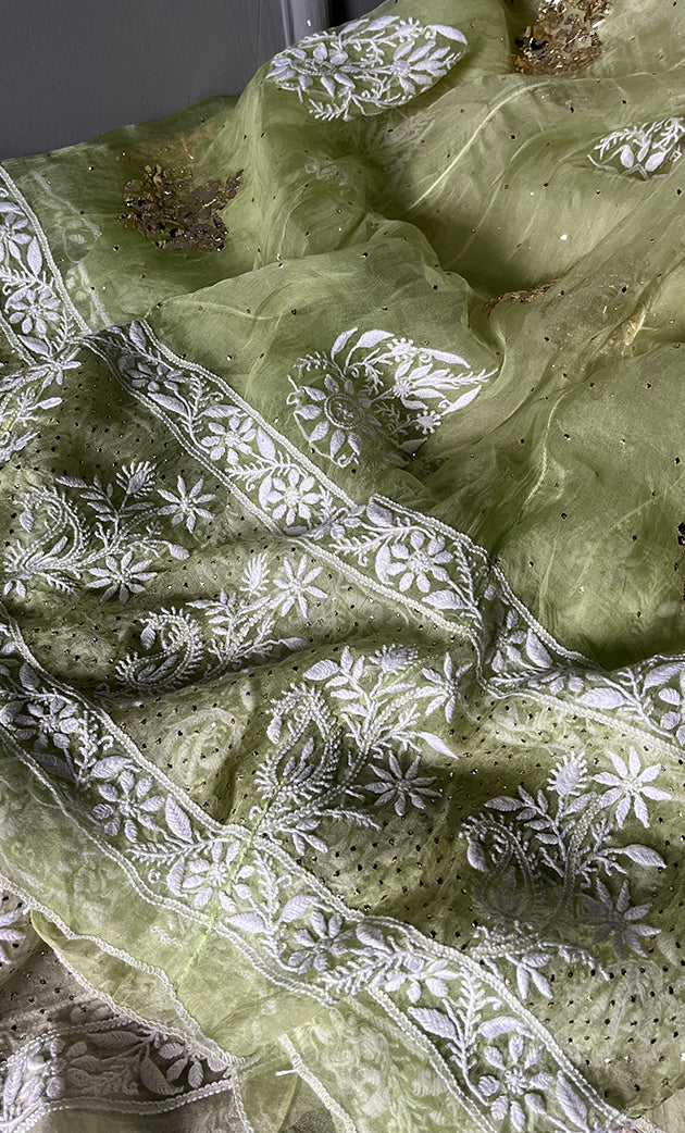 Women's Lakhnavi Handcrafted Bridal Pure Organza Silk  Chikankari Lehenga Set - HONC0294021