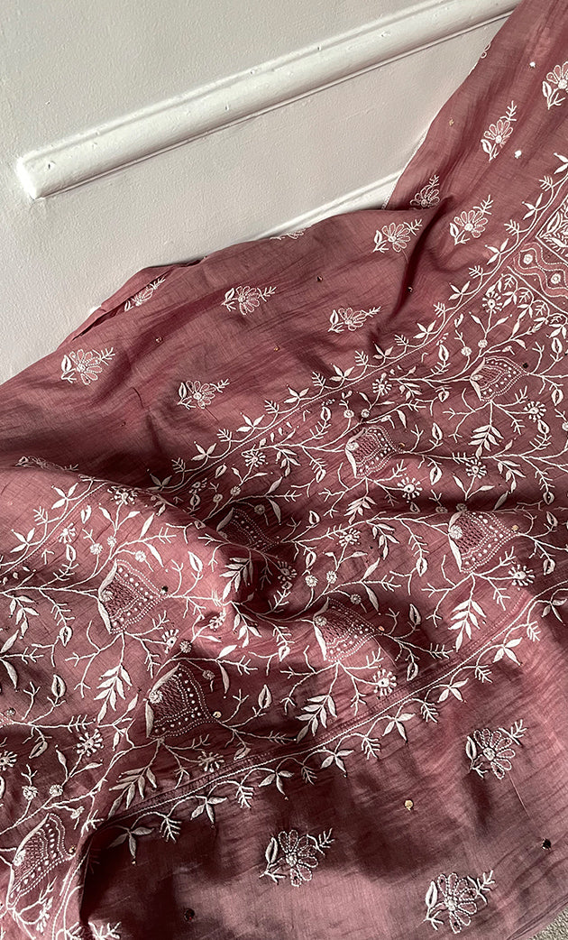 Women's Lakhnavi Handcrafted Mul Chanderi Semi -stitched Chikankari Full Suit Material - HONC0296115