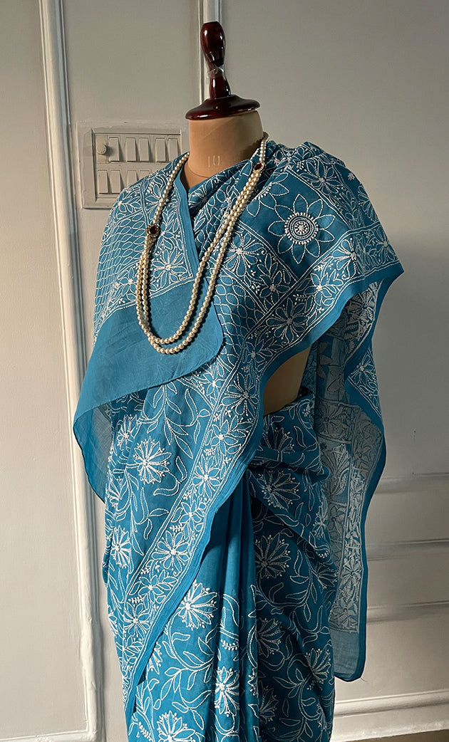 Fairoz Women's Lakhnavi Handcrafted Cotton Chikankari Saree - HONC0269064