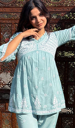 Load image into Gallery viewer, Rania Women's Lakhnavi Handcrafted Cotton Chikankari Short Kurta And Afghani pant Set - HONC0268683