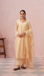 Load image into Gallery viewer, Women's Lakhnavi Handcrafted Mul Chanderi Chikankari Stitched Kurta, Dupatta And Pant Set - HONC0457995