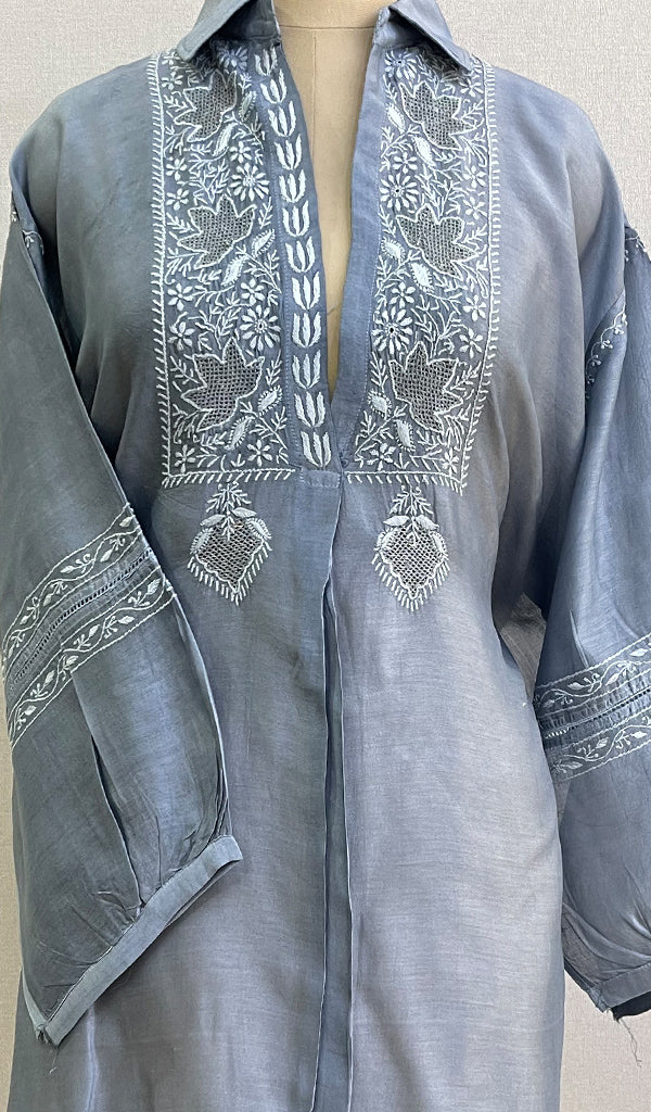 Fiza Women's Lakhnavi Handcrafted Chanderi Silk Semi- Stiched Chikankari Top - HONC0191707