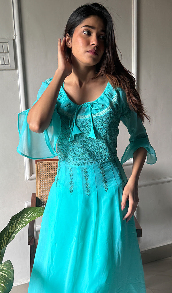 Aadab Women's Lucknowi Handcrafted Faux-Georgette Chikankari Anarkali Dress - HONC038933