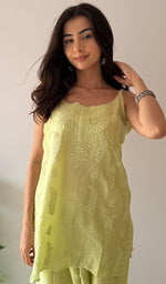 将图像加载到图库查看器中, Amreena Women's Lakhnavi Handcrafted Chanderi Silk Chikankari Top And Pant Set - HONC0373448