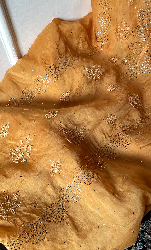 Women's Lakhnavi Handcrafted Pure Organza Chikankari Unstitched Kurta And Dupatta Set- HONC0304149