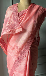 Load image into Gallery viewer, Women's Lakhnavi Handcrafted Tussar Silk Chikankari Saree - HONC0307372