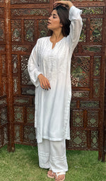 Load image into Gallery viewer, Women's Lakhnavi Handcrafted Modal Cotton Chikankari Kurta And Palazzo Set - HONC0251125