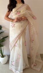 Load image into Gallery viewer, Zunaira Women's Lucknowi Handcrafted Pure Organza Silk Chikankari Saree - HONC0379177