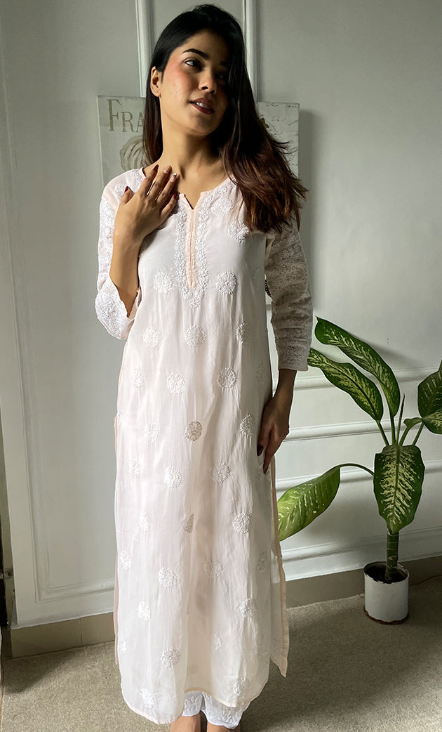 Women's Lucknowi Handcrafted Cotton Chikankari Long Kurti - HONC0303588