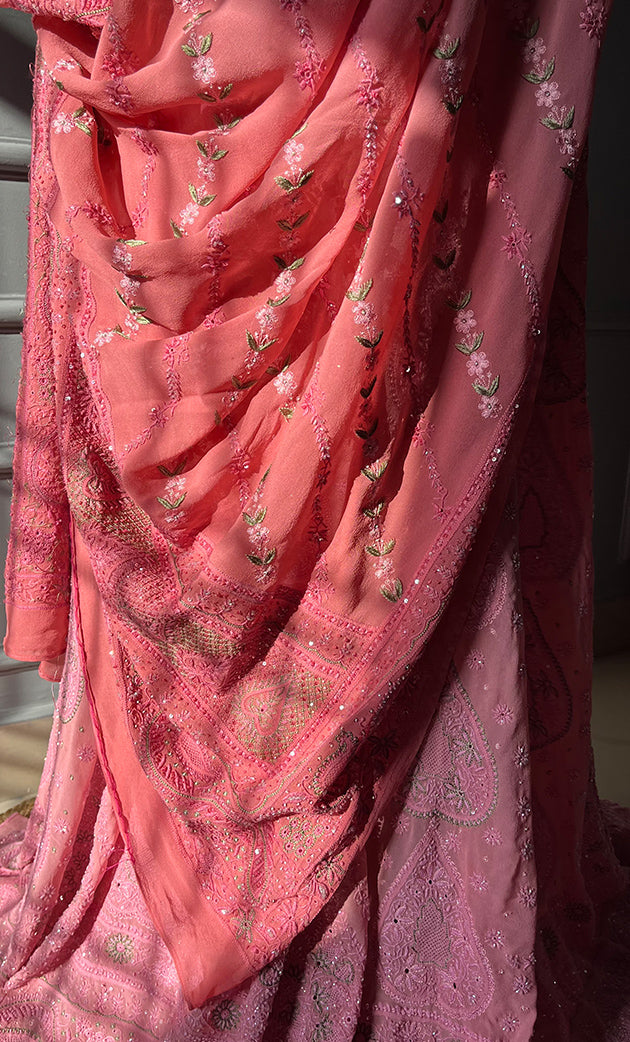 Women's Lakhnavi Handcrafted Bridal Pure Silk Georgette Chikankari Lehenga Set - HONC0269069