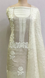 Load image into Gallery viewer, Green Women's Lakhnavi Handcrafted Pure Organza Chikankari Unstitched Kurta And Dupatta Set