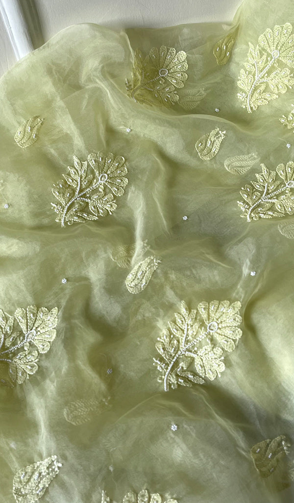 Women's Lakhnavi Handcrafted Organza Chikankari Unstitched Full Suit Material - HONC0271221