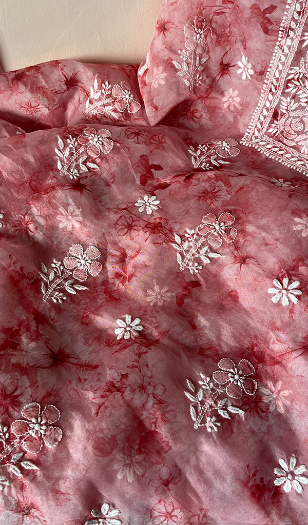 Women's Lakhnavi Handcrafted Organza Chikankari Unstitched Kurta And Dupatta Set - HONC0268883