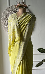 Load image into Gallery viewer, Women's Lakhnavi Handcrafted Pure Silk Georgette Chikankari Saree - HONC0269084