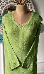 将图像加载到图库查看器中, Yusra Women's Lakhnavi Handcrafted Viscose Georgette Chikankari Kurti- HONC03338130