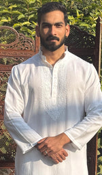 Load image into Gallery viewer, Men's Lucknowi Handcrafted Linen Cotton Chikankari Kurta - HONC0253037