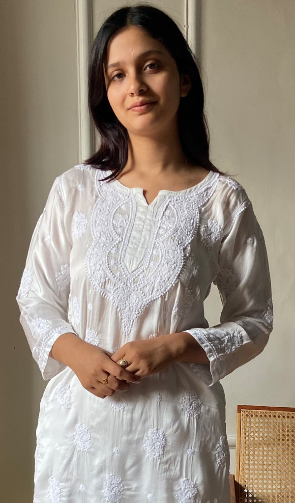 Women's Lakhnavi Handcrafted Modal Cotton Chikankari Short Kurta And Plazzo Set - HONC0290872