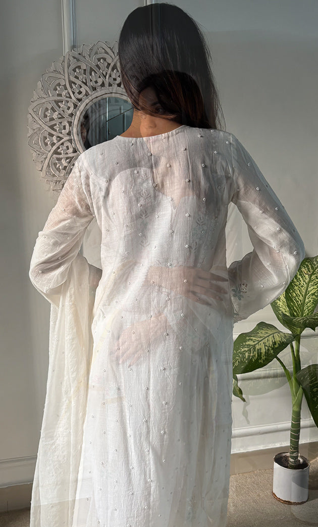 Women's Lakhnavi Handcrafted Mul Chanderi Chikankari Stitched Kurta, Dupatta And Pant Set - HONC0300859