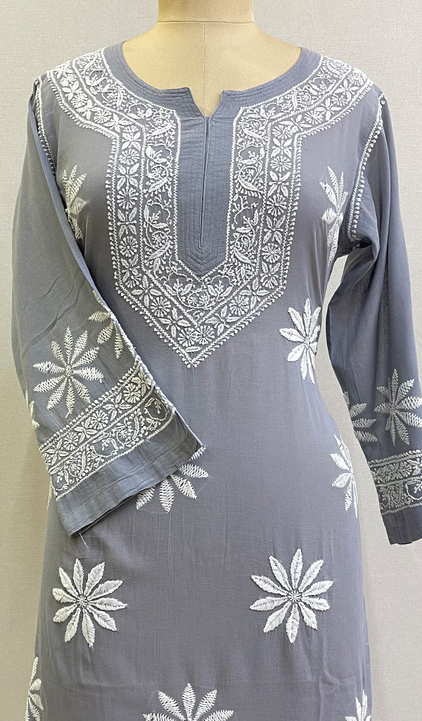 Grey Women's Lucknowi Handcrafted Cotton Chikankari Kurti