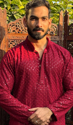 Load image into Gallery viewer, Men's Faux-Georgette Hakoba Kurta - HONC0266668