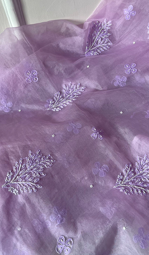 Women's Lakhnavi Handcrafted Organza Chikankari Unstitched Full Suit Material - HONC0271222