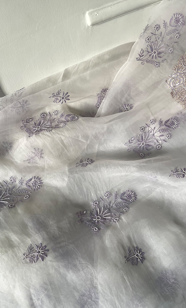 Mehnaj Women's Lakhnavi Handcrafted Pure Organza Chikankari Unstitched Kurta And Dupatta Set- HONC0316112