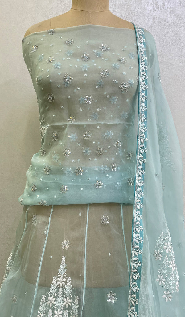 Women's Lakhnavi Handcrafted Bridal Pure Organza Chikankari Lehenga Set -HONC0152404