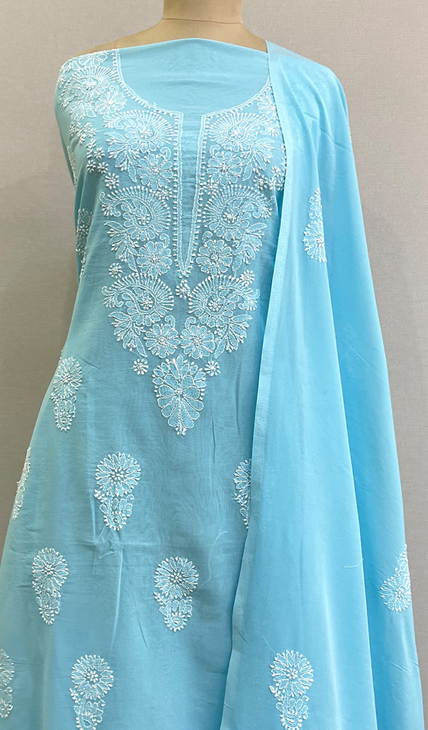 Women's Lakhnavi Handcrafted Pure Organza Chikankari Unstitched Kurta And Dupatta Set- HONC0288321
