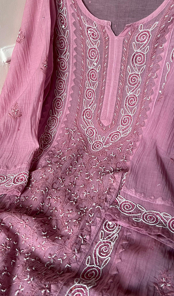 Aaliyah Women's Lakhnavi Handcrafted Mul Chanderi Semi - Stitched Kurta And Dupatta Set - HONC0253630