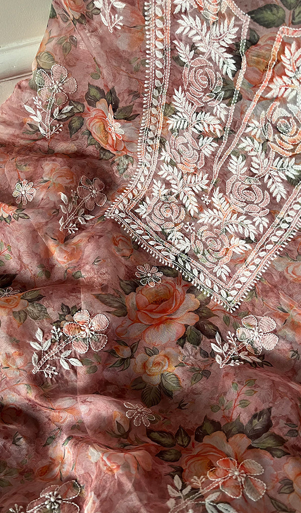 Women's Lakhnavi Handcrafted Organza Chikankari Unstitched Kurta And Dupatta Set - HONC0268888