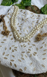 Load image into Gallery viewer, White Handcrafted Chikankari Embroidered Potli bag - HONC0287780