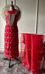 Load image into Gallery viewer, Women's Lakhnavi Handcrafted Pure Silk Chikankari Unstitched Kurta And Dupatta Set- HONC0245854