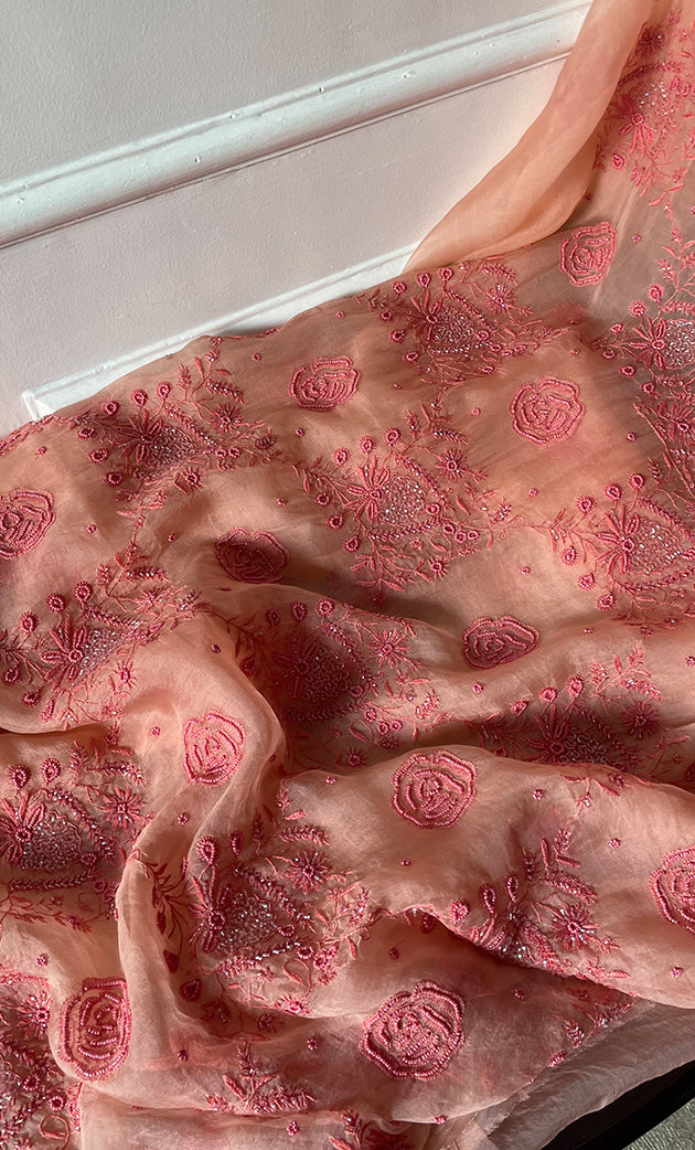 Women's Lakhnavi Handcrafted Pure Organza Chikankari Unstitched Kurta And Dupatta Set- HONC0310373
