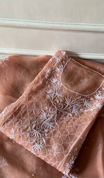 Load image into Gallery viewer, Women's Lakhnavi Handcrafted Pure Organza Chikankari Semi - Stitched Kurta And Dupatta Set- HONC0310093
