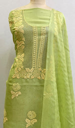 Load image into Gallery viewer, Green Women's Lakhnavi Handcrafted Pure Organza Chikankari Unstitched Kurta And Dupatta Set