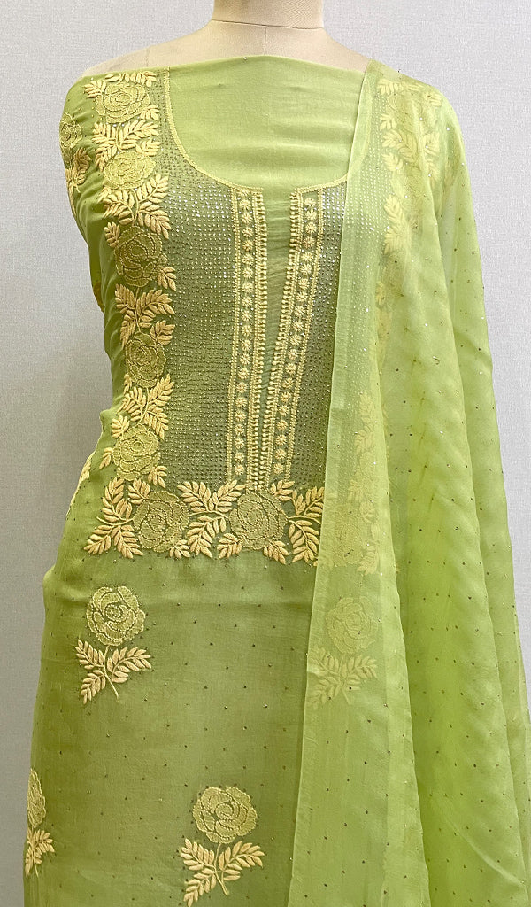 Green Women's Lakhnavi Handcrafted Pure Organza Chikankari Unstitched Kurta And Dupatta Set