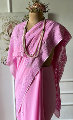 Load image into Gallery viewer, Women's Lakhnavi Handcrafted Viscose Georgette Chikankari Saree - HONC0307136