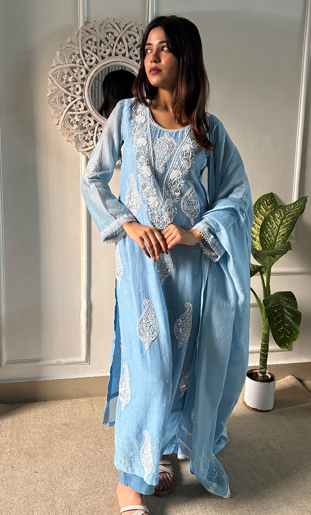 Women's Lakhnavi Handcrafted Mul Chanderi Chikankari Stitched Kurta, Dupatta And Pant Set - HONC0317786