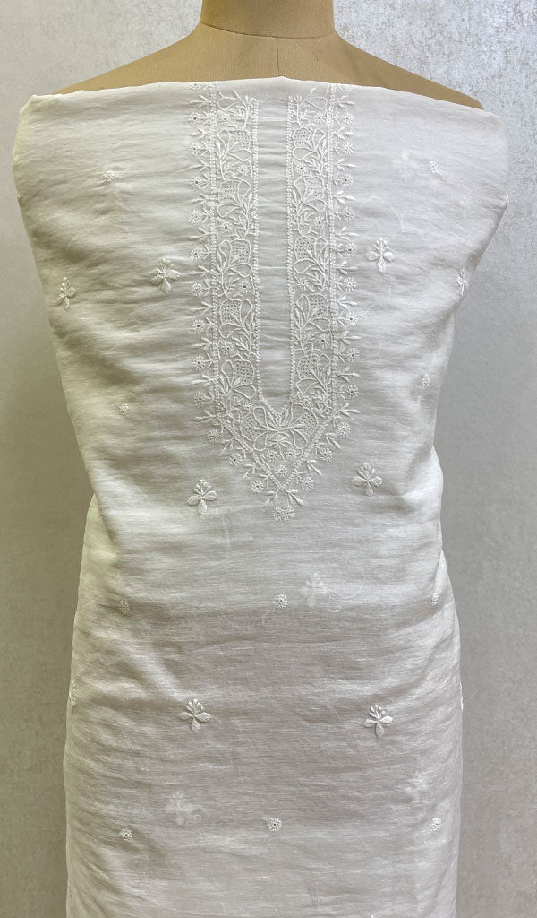 Lucknowi Handcrafted White Cotton Chikankari Unstitched Men's Kurta Fabric - HONC0146627