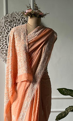 将图像加载到图库查看器中, Women's Lakhnavi Handcrafted Pure Silk Georgette Chikankari Saree - HONC0313294