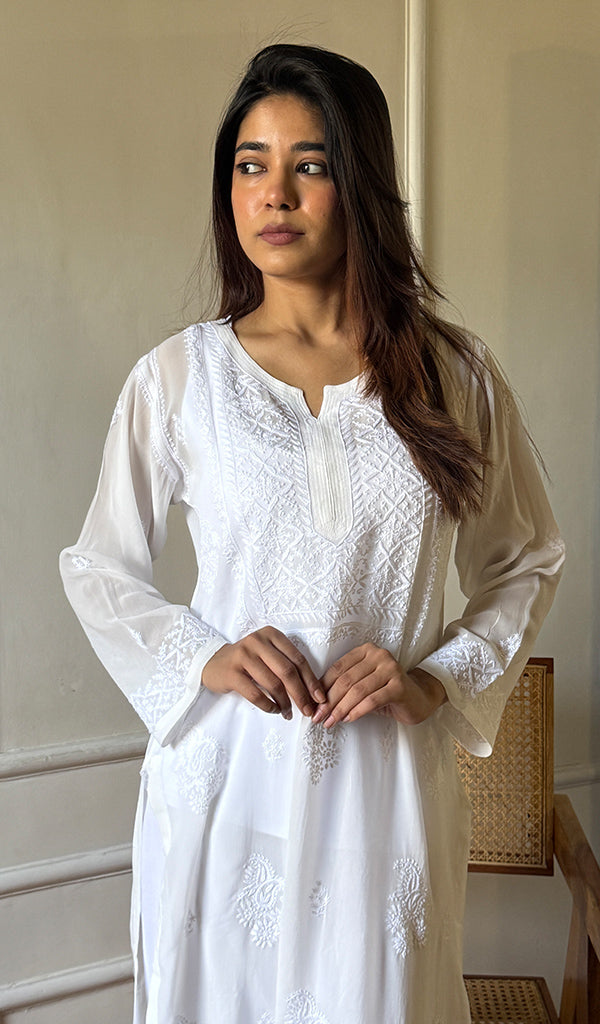 Women's Lakhnavi Handcrafted Viscose Georgette Chikankari Kurti- HONC0164617