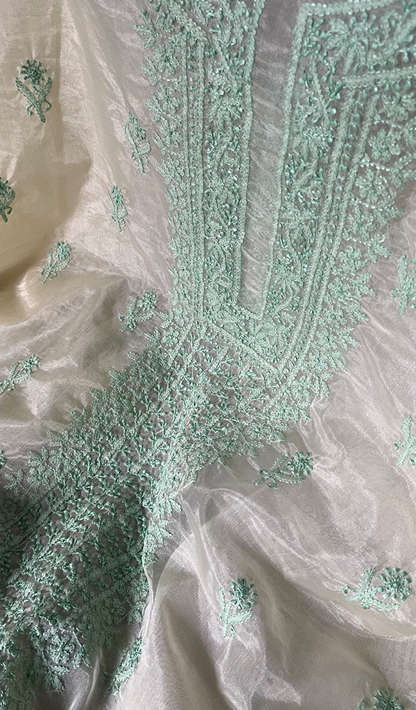 Lakhnavi 手工制作的欧根纱 Chikankari 未缝合 Kurti 面料 - Honc0133587