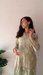 Load image into Gallery viewer, Women's Lucknowi Handcrafted Mul Chanderi Stitched Chikankari Kurta And Plazzo Set- HONC0378820