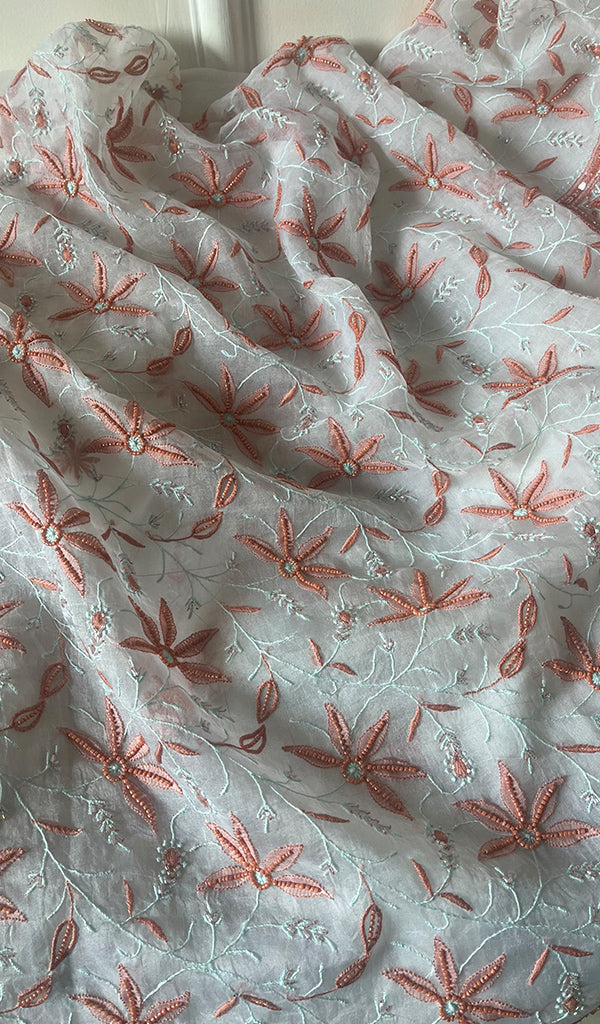 Women's Lakhnavi Handcrafted Pure Organza Chikankari Unstitched Kurta And Dupatta Set- HONC0270067