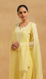 Load image into Gallery viewer, Saziya Women's Lakhnavi Handcrafted Mul Chanderi Chikankari Stitched Kurta, Dupatta And Pant Set - HONC0798462